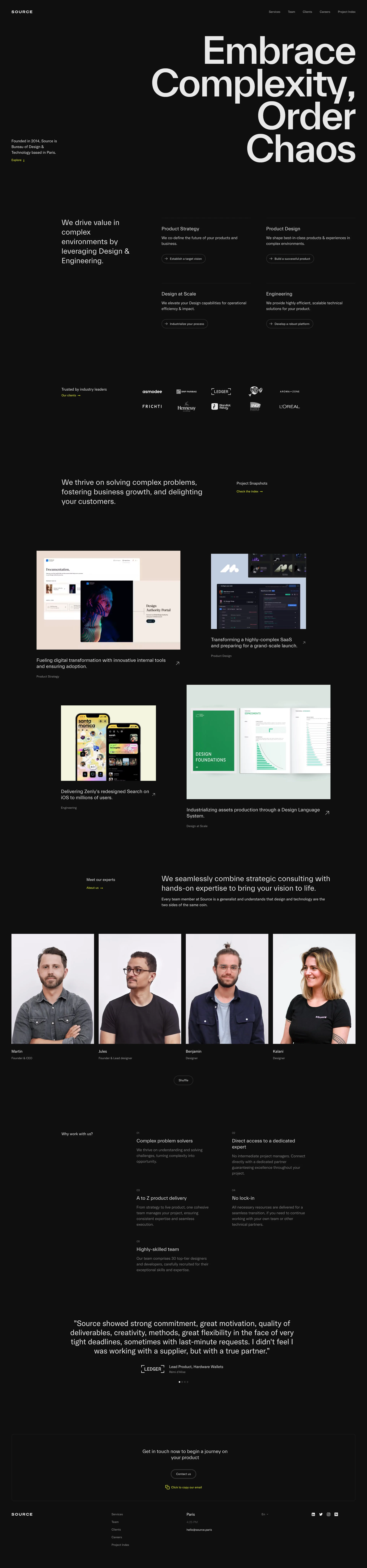 Source Landing Page Example: Source is a group of designers & technologists on a mission to make Corporate and Startups more capable through state of the art digital solutions. We drive value in complex environments by leveraging Design & Engineering.