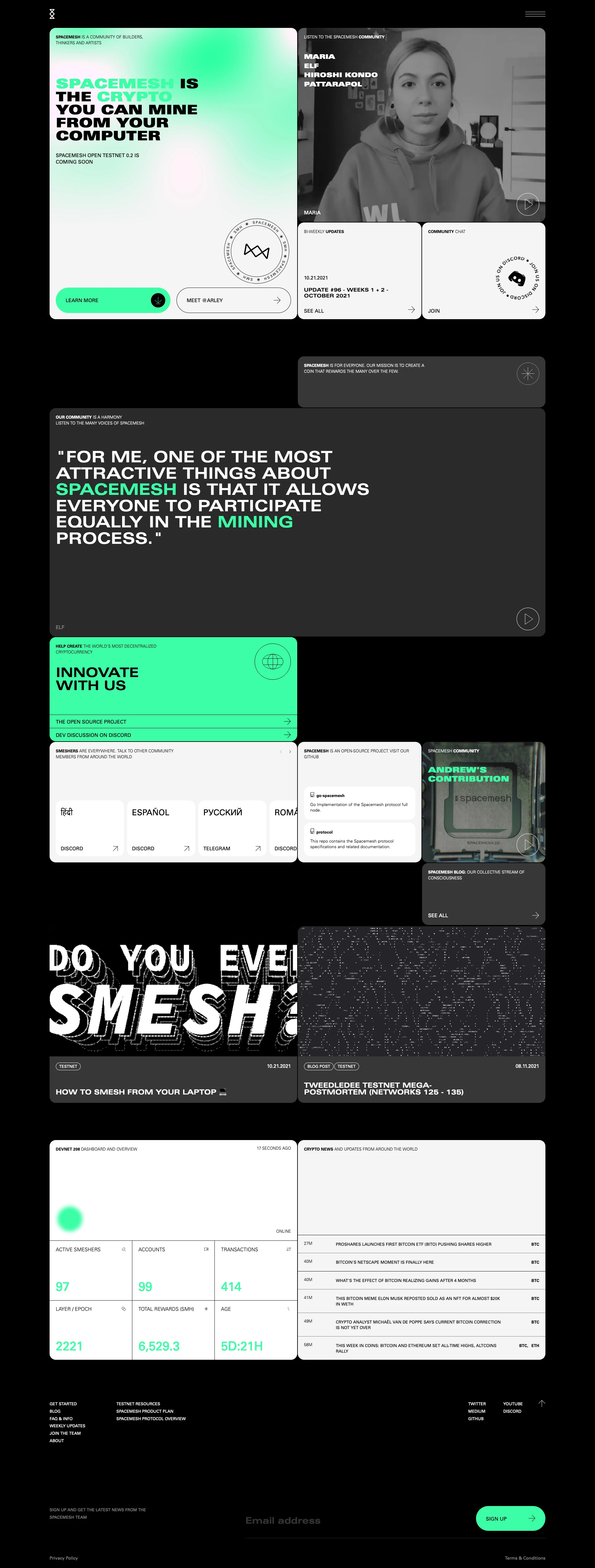 Spacemesh Landing Page Example: Spacemesh is a community of builders, thinkers and artists working towards a better tomorrow.