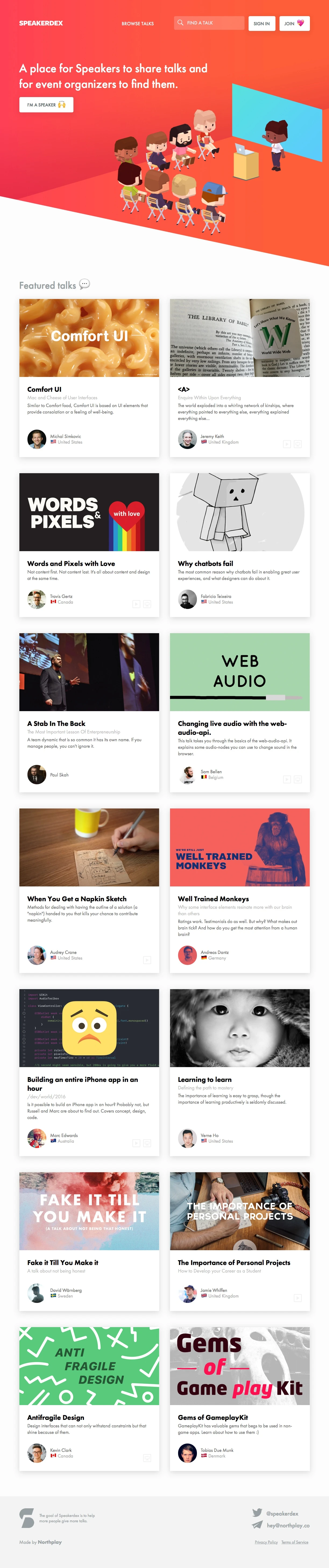 Speakerdex Landing Page Example: A place for Speakers to share talks and for event organizers to find them.