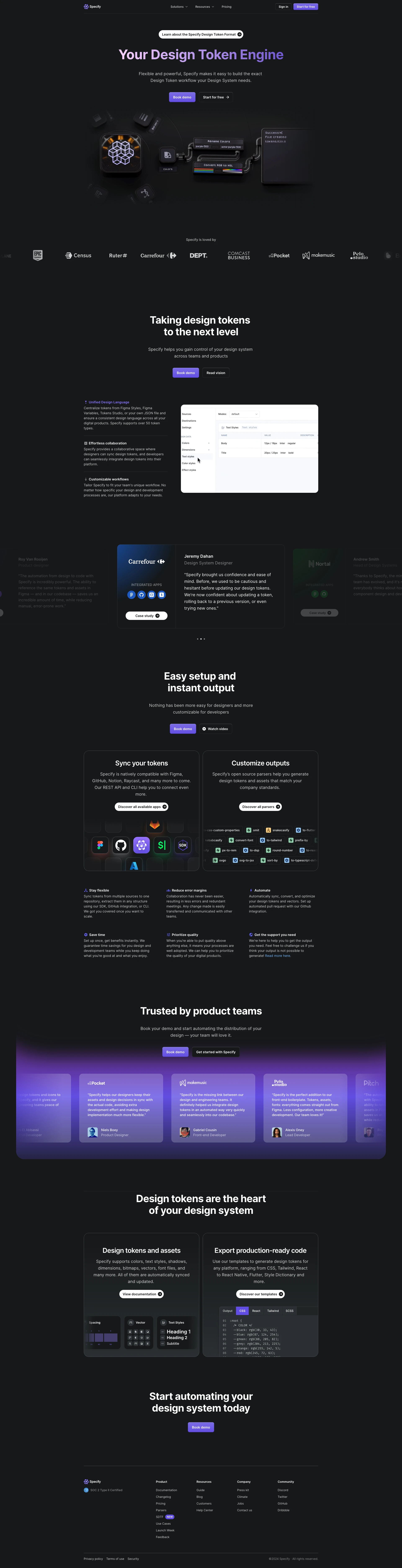 Specify Landing Page Example: Flexible and powerful, Specify makes it easy to build the exact Design Token process your Design System needs.