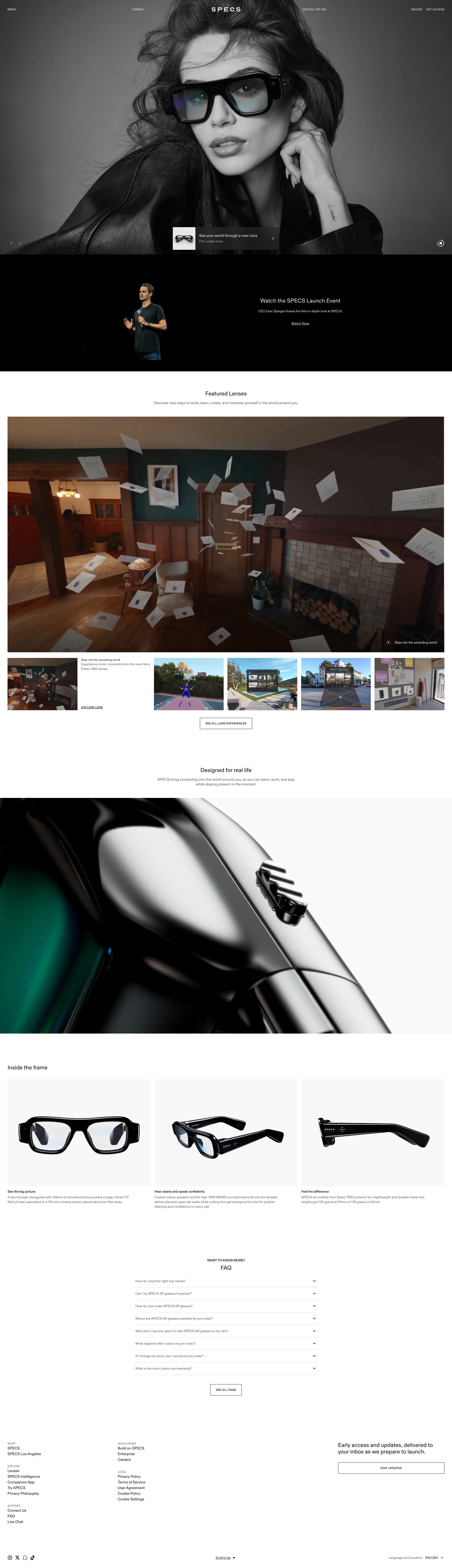 Specs Landing Page Example: Pre-order SPECS, AR glasses and smart glasses that bring computing into the world around you for work, learning, play, and hands-free experiences.