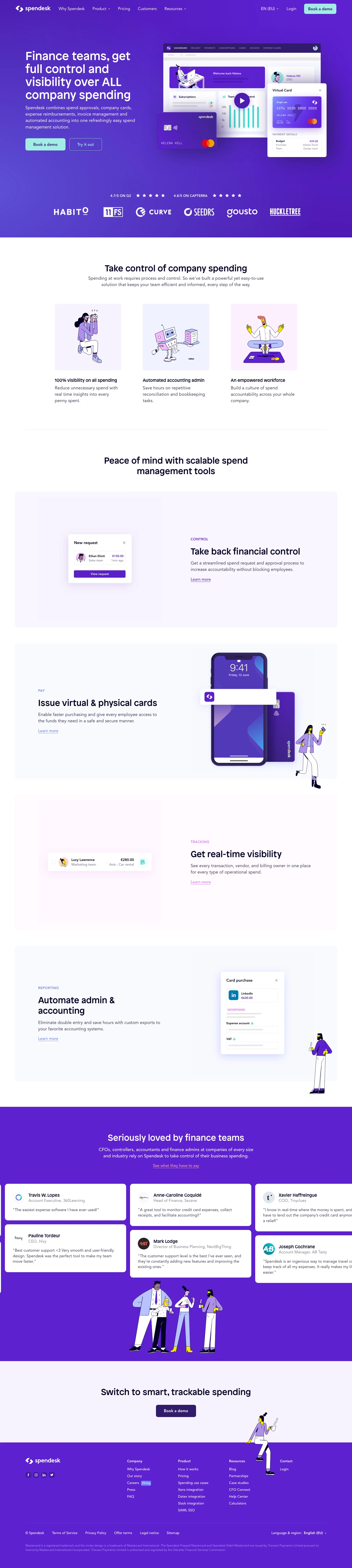 Spendesk Landing Page Example: Finance teams, get full control and visibility over ALL company spending. Spendesk combines spend approvals, company cards, expense reimbursements, invoice management and automated accounting into one refreshingly easy spend management solution.