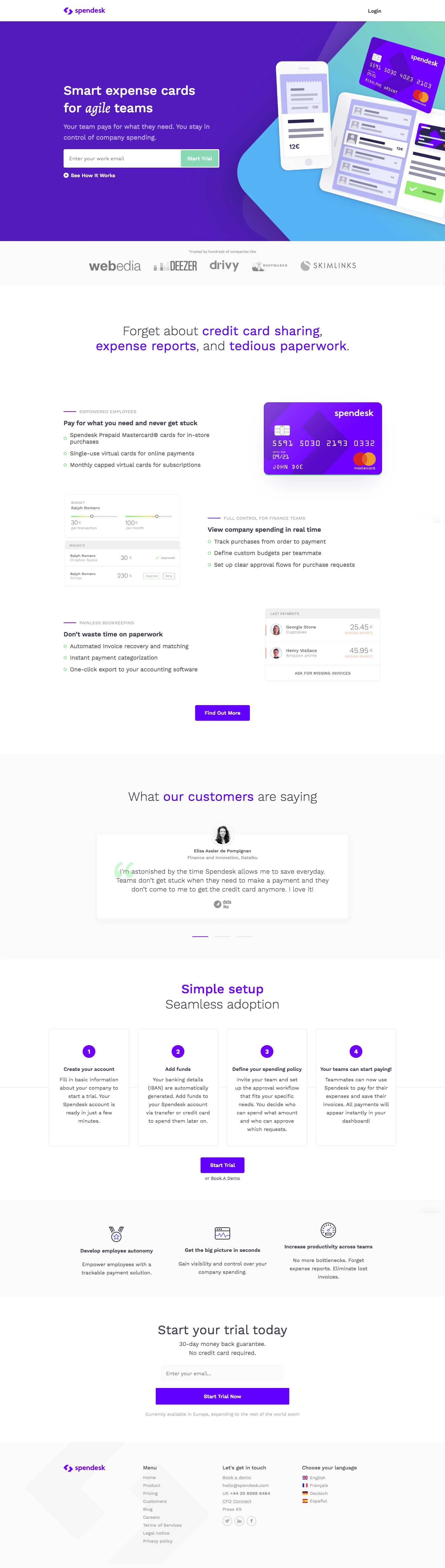Spendesk Landing Page Example: Your team pays for what they need. You stay in control of company spending.