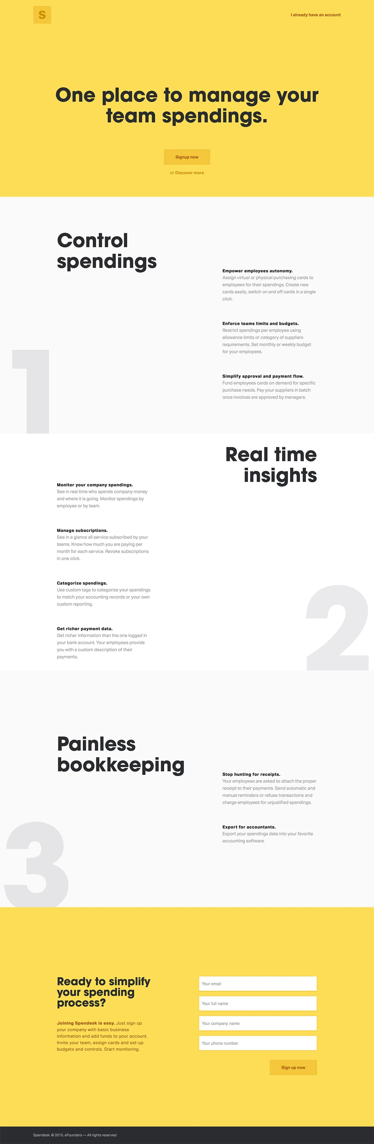 Spendesk Landing Page Example: One place to manage your team spendings.