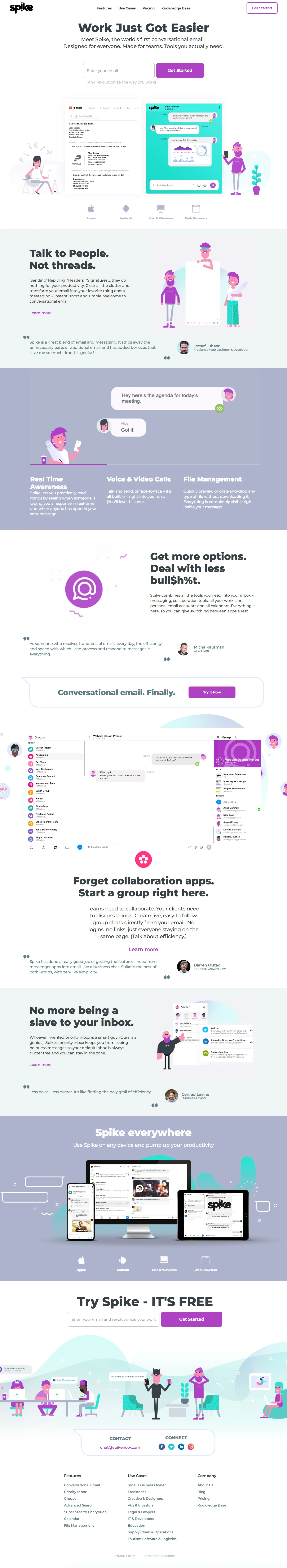 Spike Landing Page Example: Spike's conversational email app makes working easier and more efficient. Saving you and your team time, sanity, and a lot of headaches.