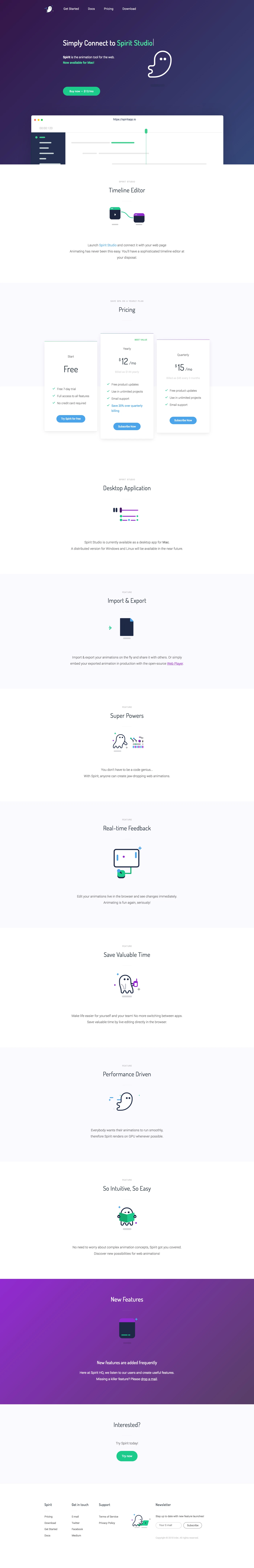 Spirit Landing Page Example: The animation tool that helps designers and developers creating and managing their animations real time in the browser.