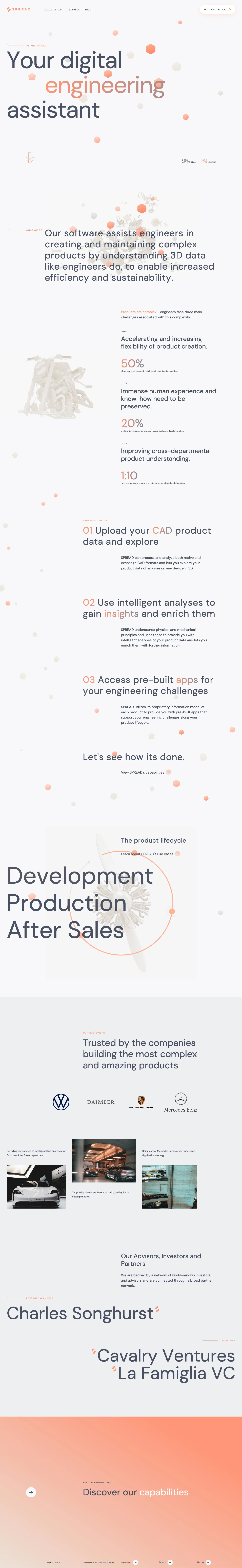 SPREAD Landing Page Example: Revolutionizing product engineering by teaching machines to understand complex products in order to act more efficient and sustainable.