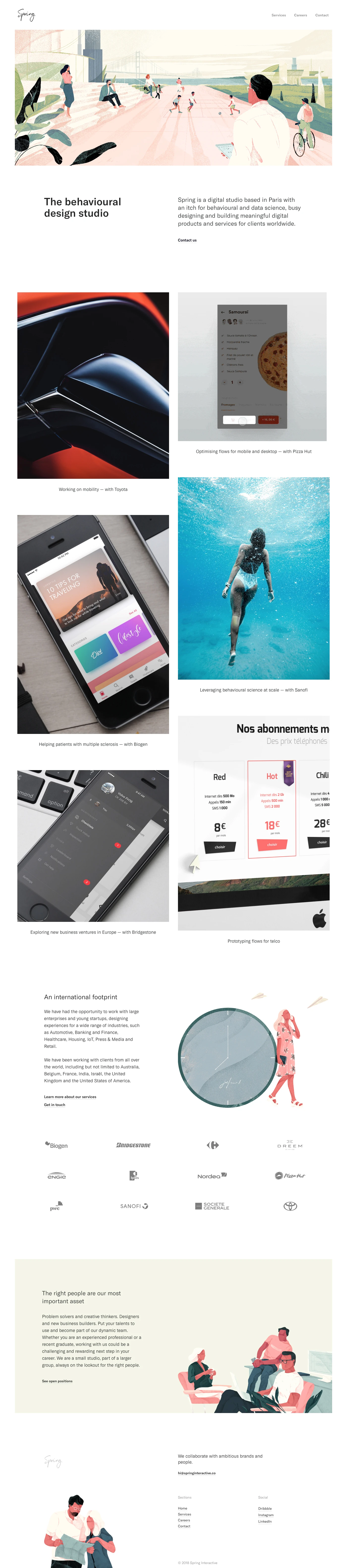 Spring Interactive Landing Page Example: Spring is a digital studio based in Paris with an itch for behavioural and data science, busy designing and building meaningful digital products and services for clients worldwide