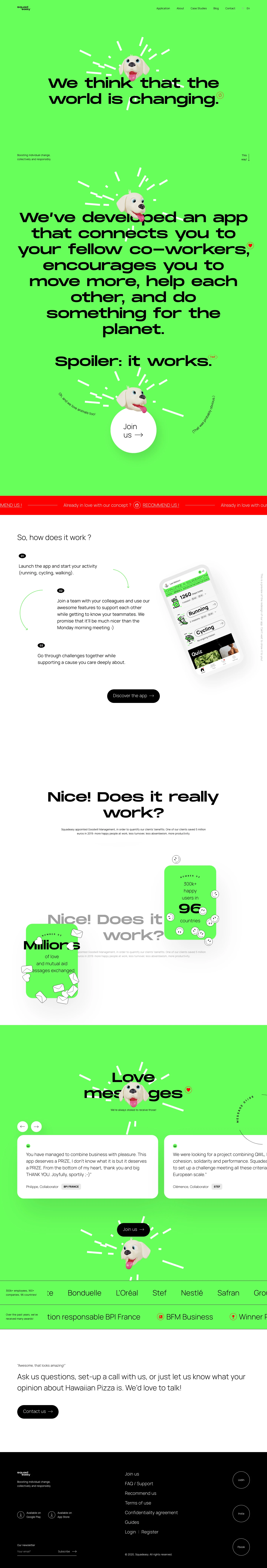 Squadeasy Landing Page Example: Our objective? Making you happier through more physical activities, better nutrition, and full harmony with your social and natural environment!