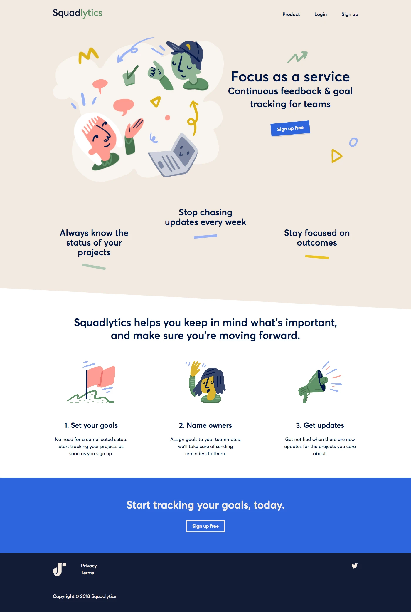 Squadlytics Landing Page Example: Ditch emails and spreadsheets. Squadlytics is an easy and fun solution to track updates on projects and goals.