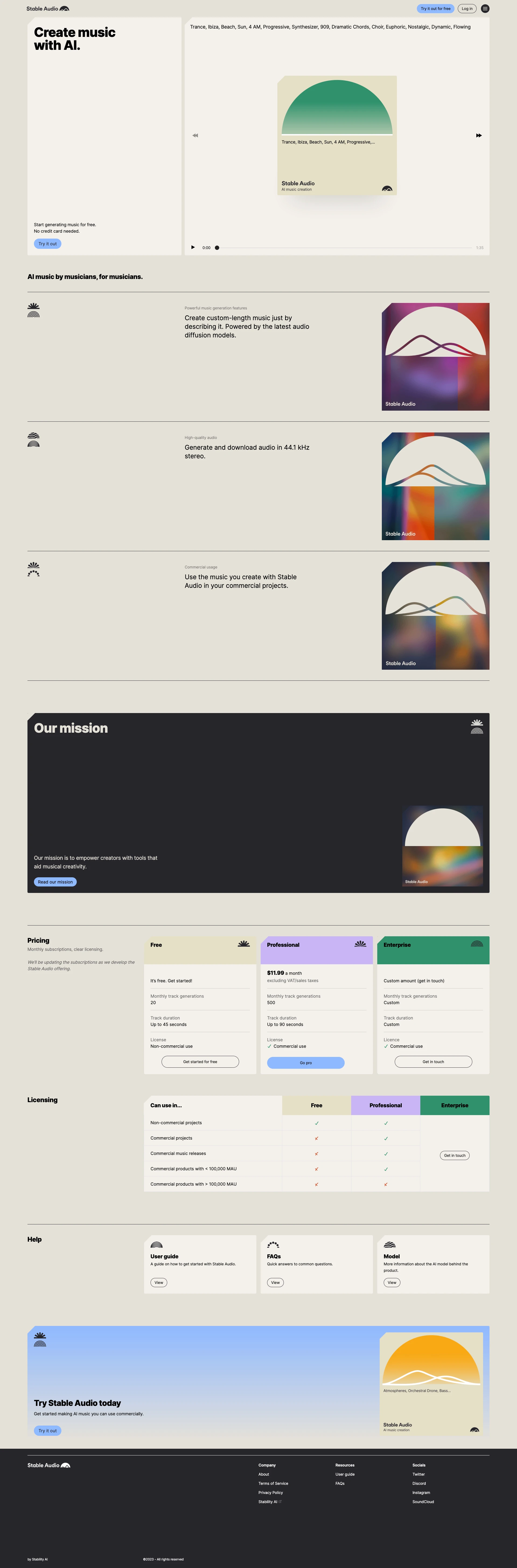 Stable Audio Landing Page Example: Create music with AI. Make original music and sound effects using artificial intelligence, whether you’re a beginner or a pro.