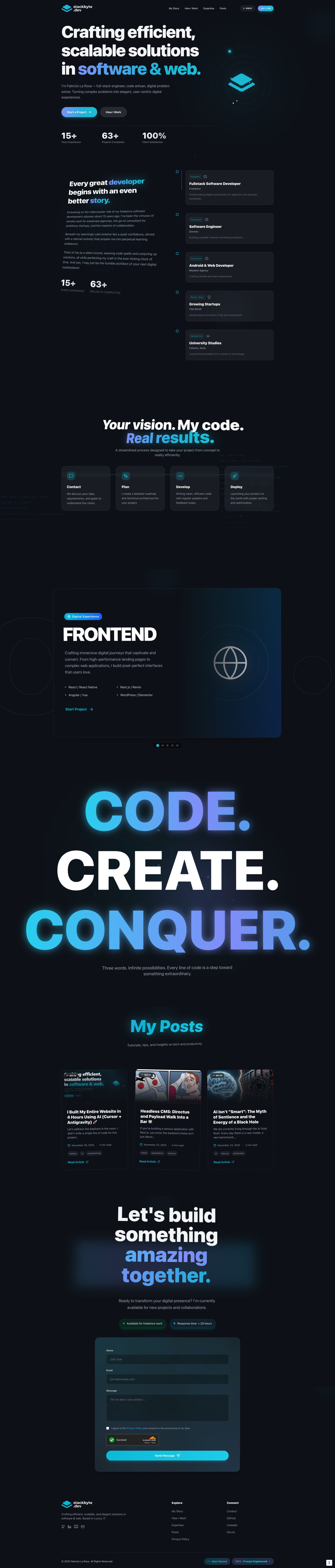 Stackbyte Landing Page Example: Turning complex problems into elegant, user-centric digital experiences. Expert in Websites, Backend, DevOps, and Web3.