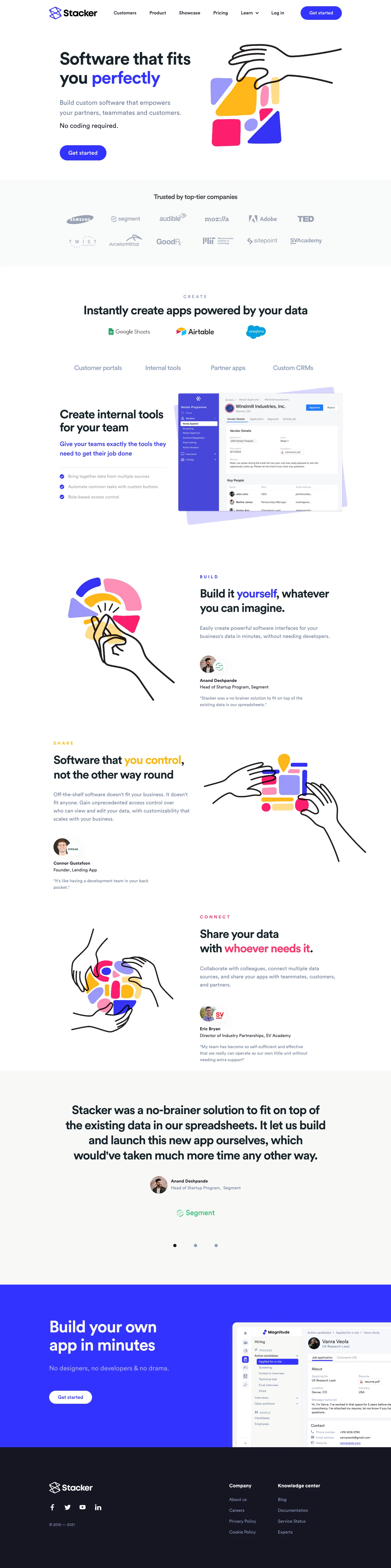 Stacker Landing Page Example: Software that fits you perfectly. Build custom software that empowers your partners, teammates and customers. ‍No coding required.