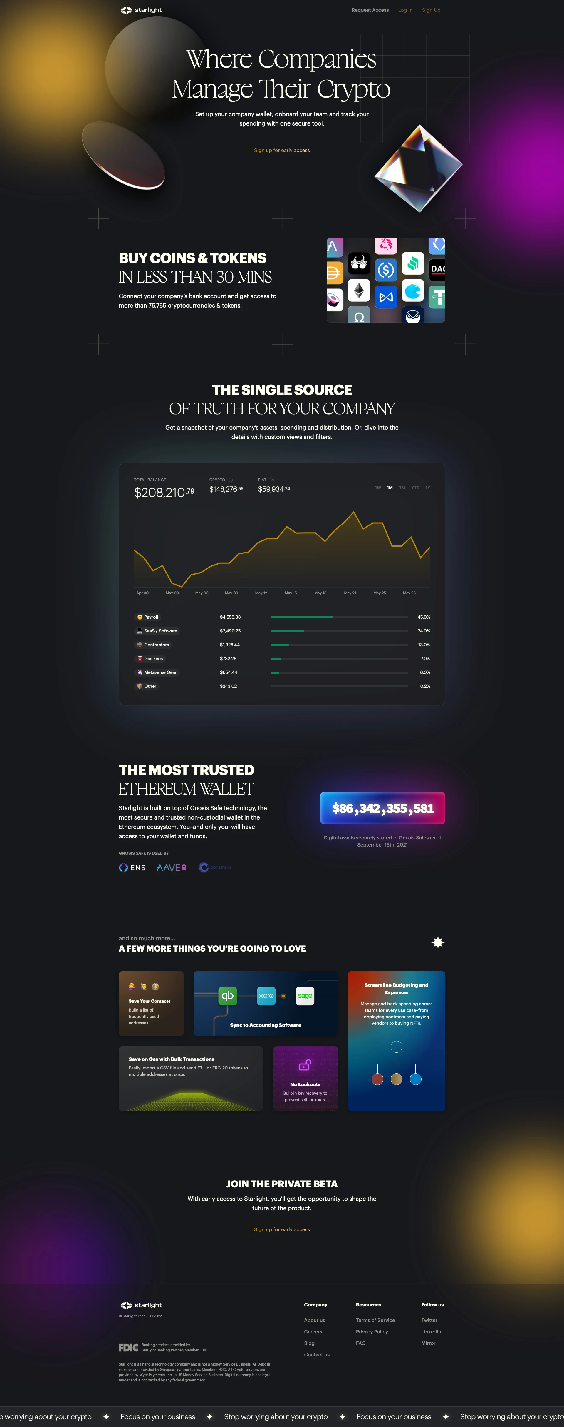Starlight Landing Page Example: Set up your wallet, onboard your team and track your spending with one secure tool.