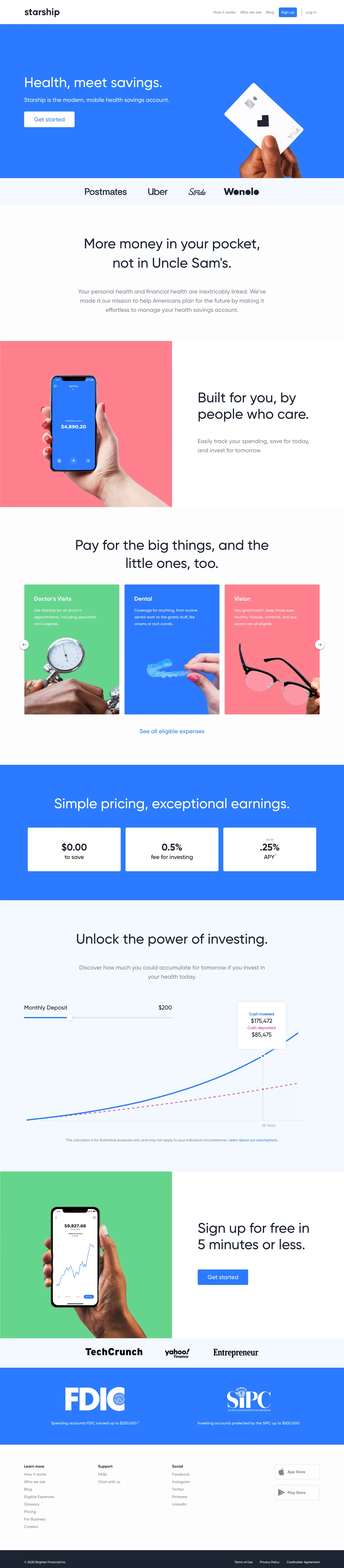 Starship Landing Page Example: A simple app for setting aside funds, tax-free, for healthcare expenses. Put more money in your pocket, not Uncle Sam's.