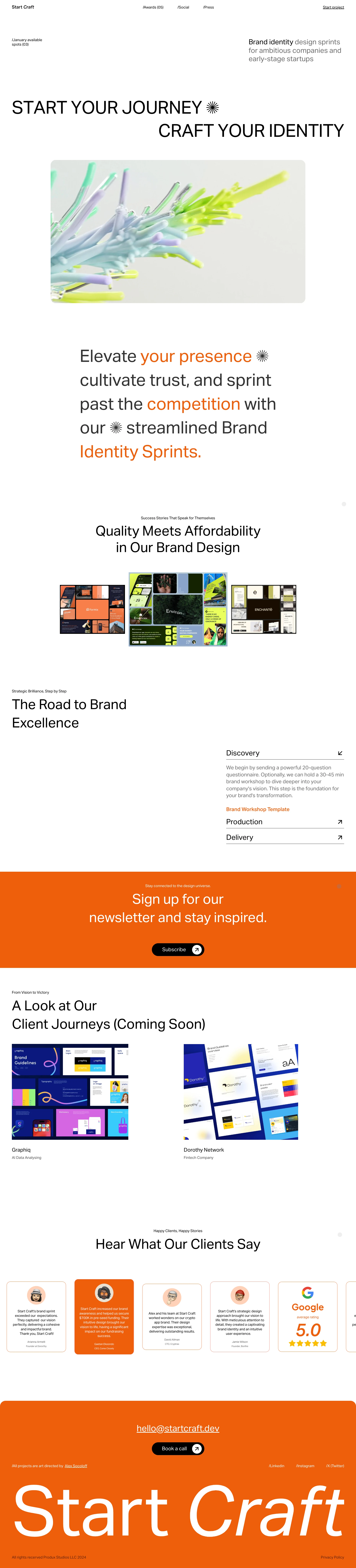 Start Craft Landing Page Example: Brand identity design sprints for ambitious companies and early-stage startups. In just 14 days, your brand transformation journey culminates in a comprehensive delivery: Logo, Typography and Color System, Web Design, Pitch Deck, Iconography, and Social Media Templates.