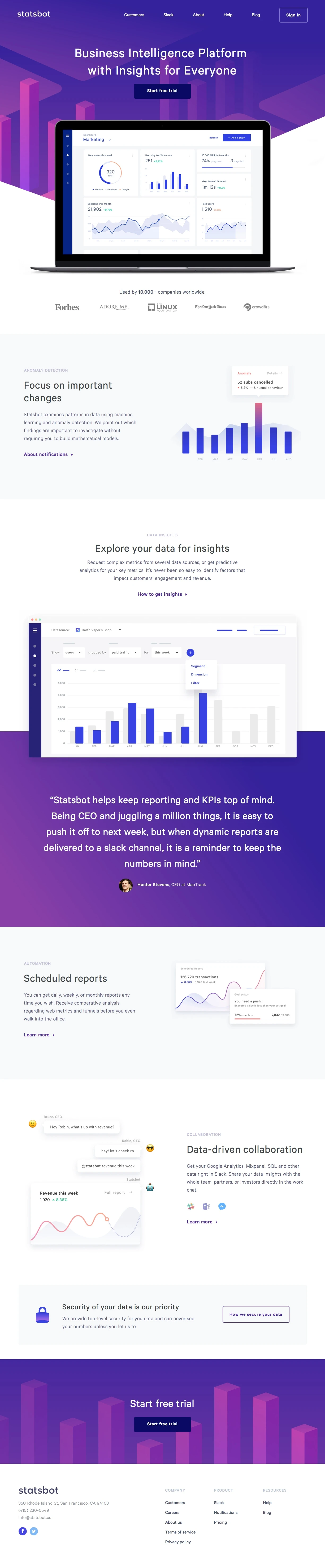Statsbot Landing Page Example: Statsbot makes it easy for companies to closely monitor data from various analytical platforms.