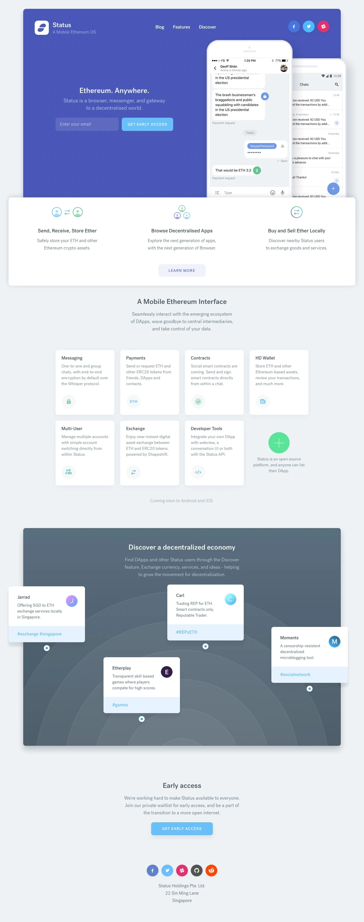 Status Landing Page Example: Status is a browser, messenger, and gateway to a decentralised world.