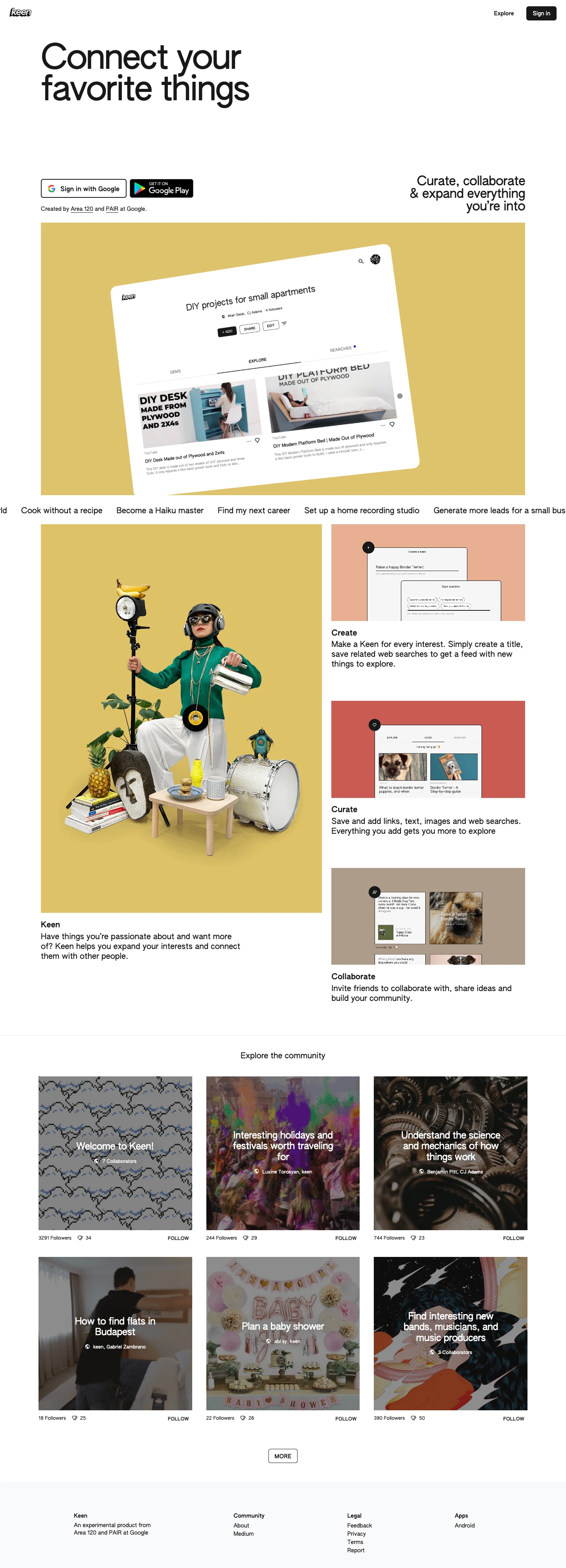 Keen Landing Page Example: Explore, curate and share everything you’re passionate about.