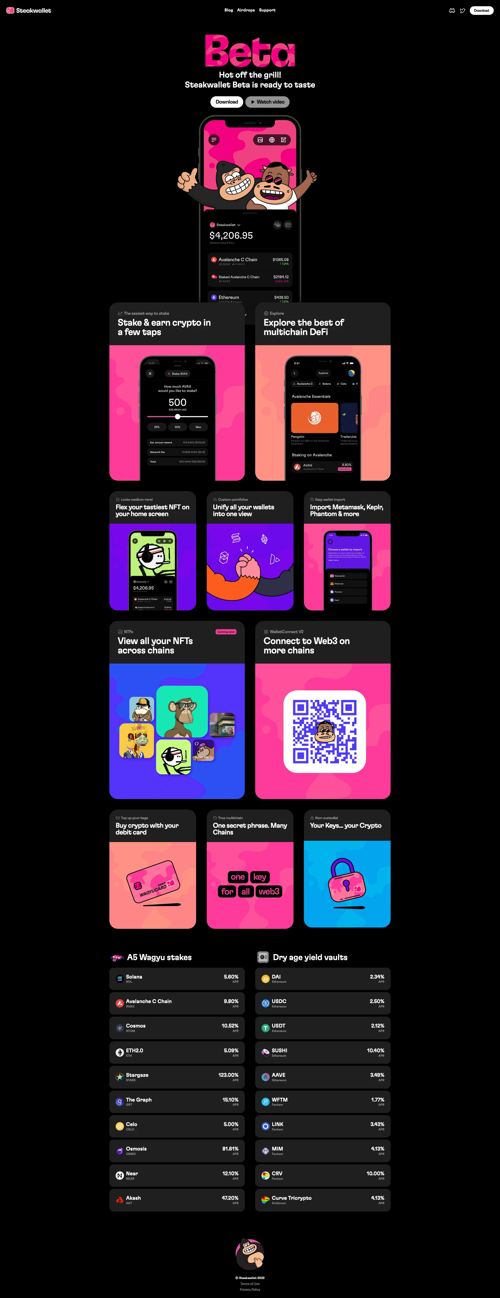 Steakwallet Landing Page Example: The best mobile wallet for staking is here! With Steakwallet you can hold and stake assets from major chains, in just a few taps. Earning those juicy yields just doesn't get any easier!