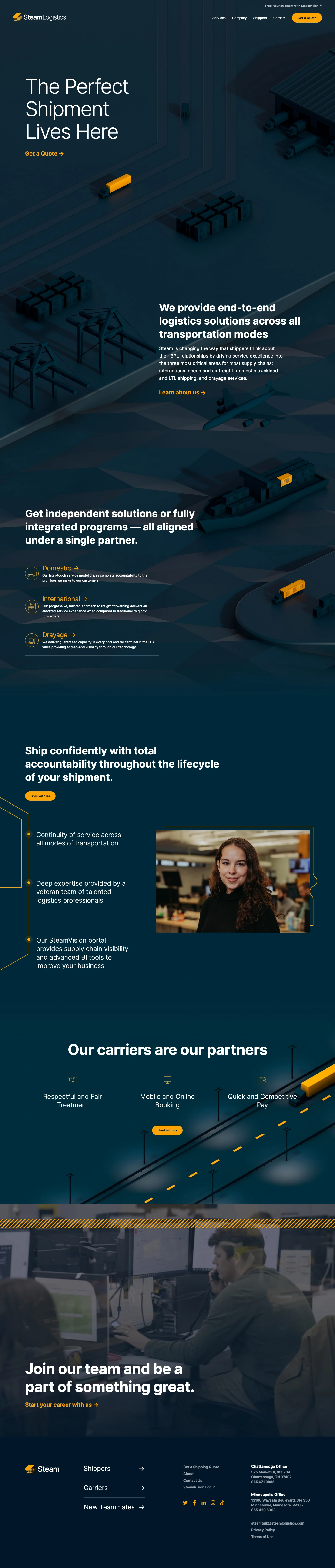 Steam Logistics Landing Page Example: We provide end-to-end logistics solutions across all transportation modes.