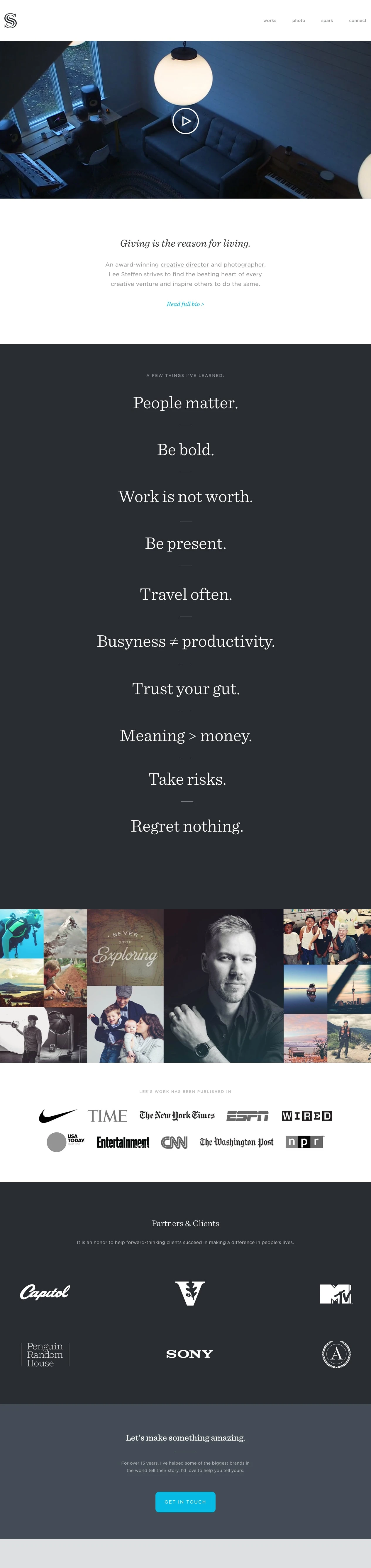 Steffen Studio Landing Page Example: An award-winning creative director and photographer, Lee Steffen strives to find the beating heart of every creative venture and inspire others to do the same.