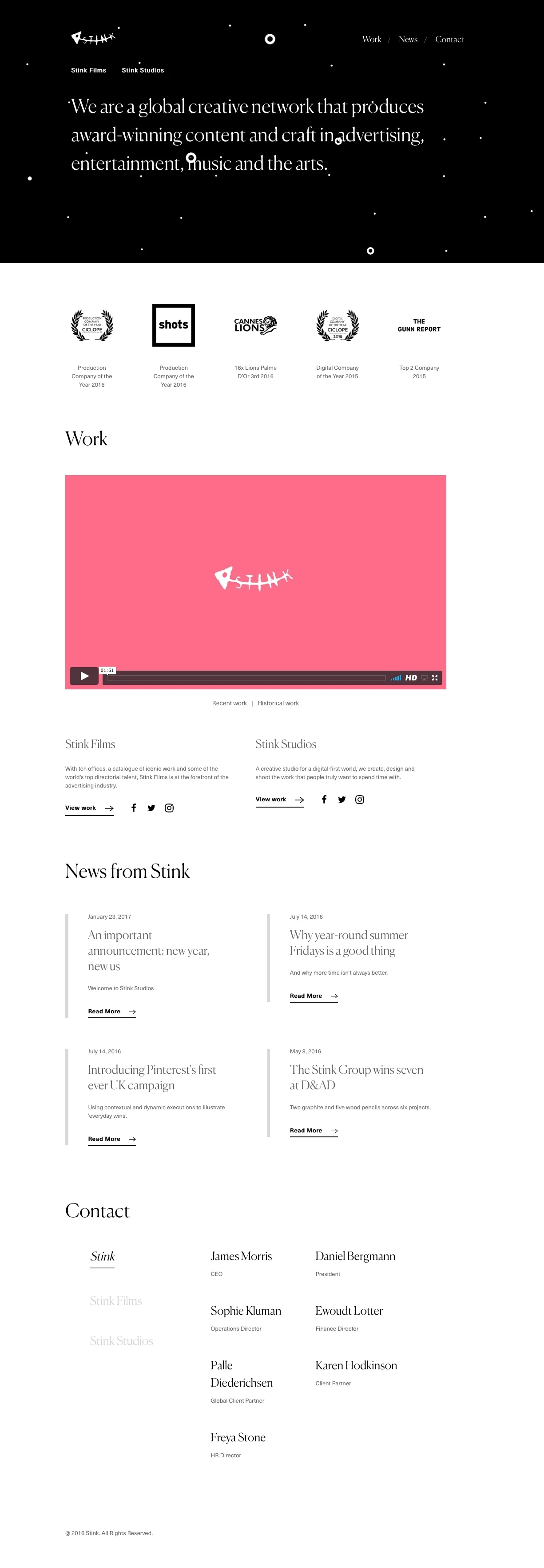 Stink Landing Page Example: Stink is a global creative network that produces award-winning content and craft in advertising, entertainment, music and the arts.