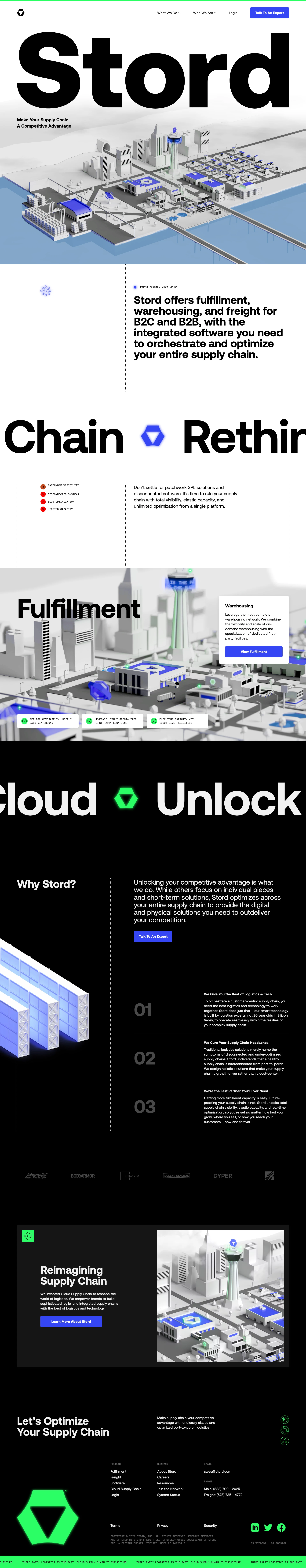 Stord Landing Page Example: Stord offers fulfillment, warehousing, and freight for B2C and B2B, plus the integrated software you need to orchestrate and optimize your entire supply chain.