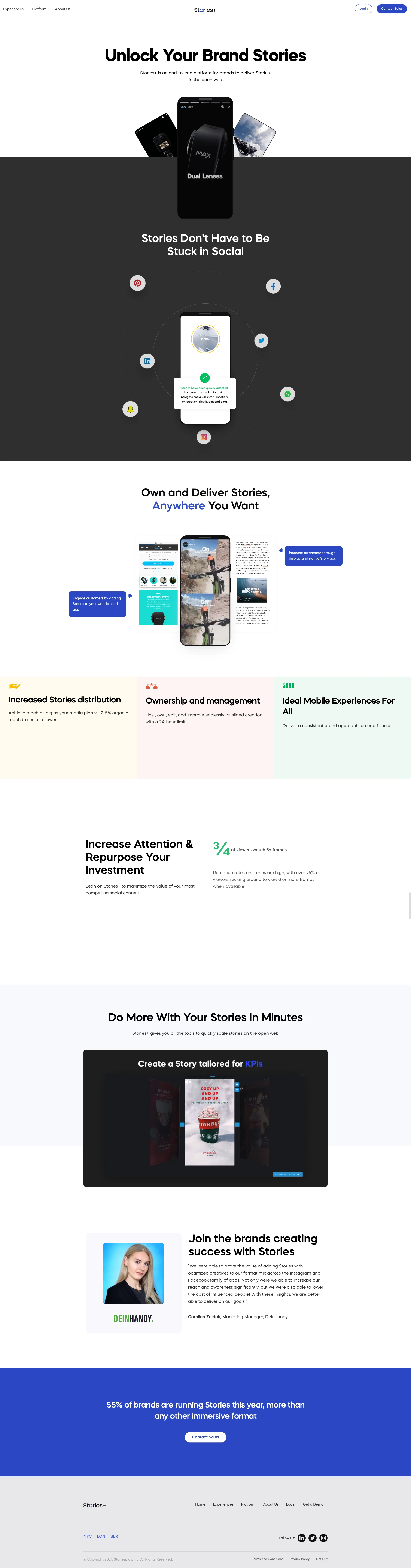Stories Plus Landing Page Example: Stories+ is the end-to-end platform for brands to deliver Stories in the open web.