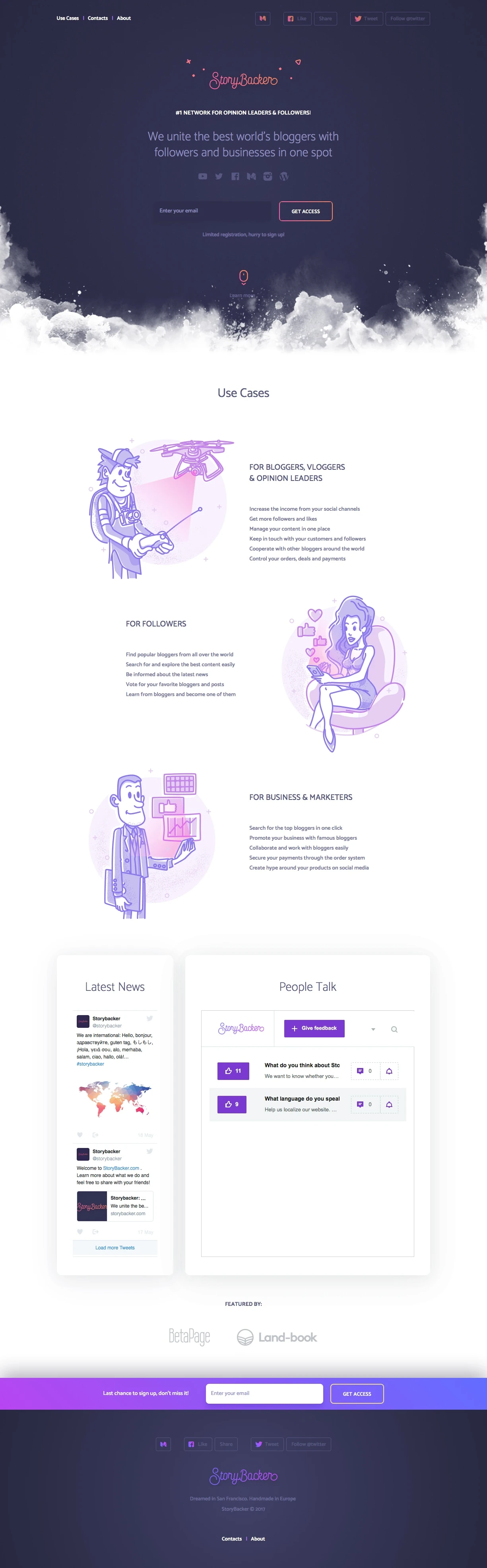 Storybacker Landing Page Example: We unite the best world's bloggers with followers and businesses in one spot