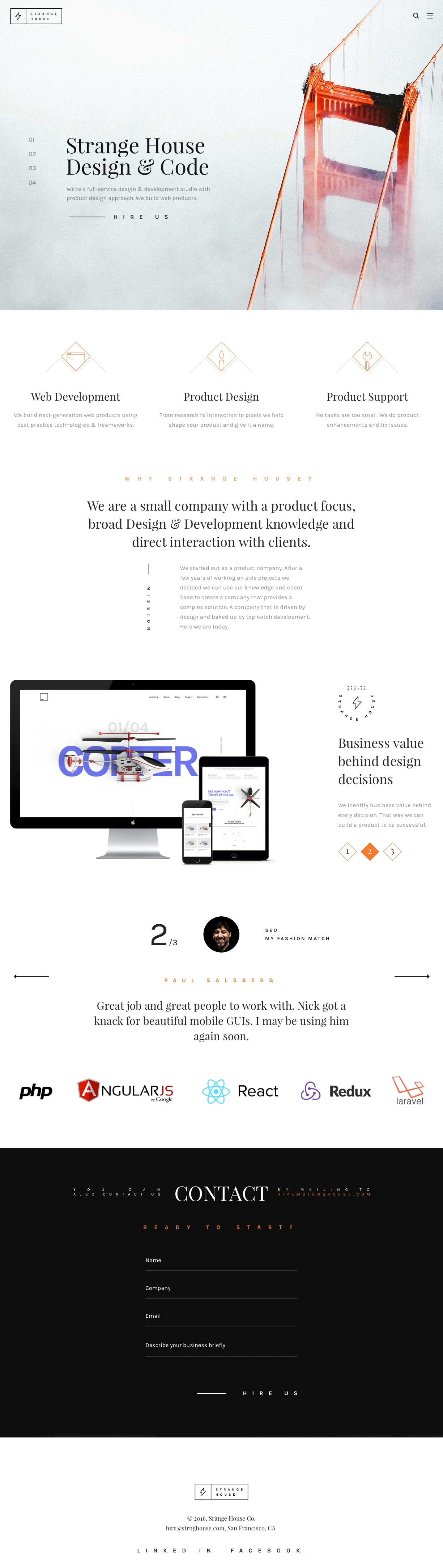 Strange House Landing Page Example: We build next-generation web products using best practice technologies & freameworks.