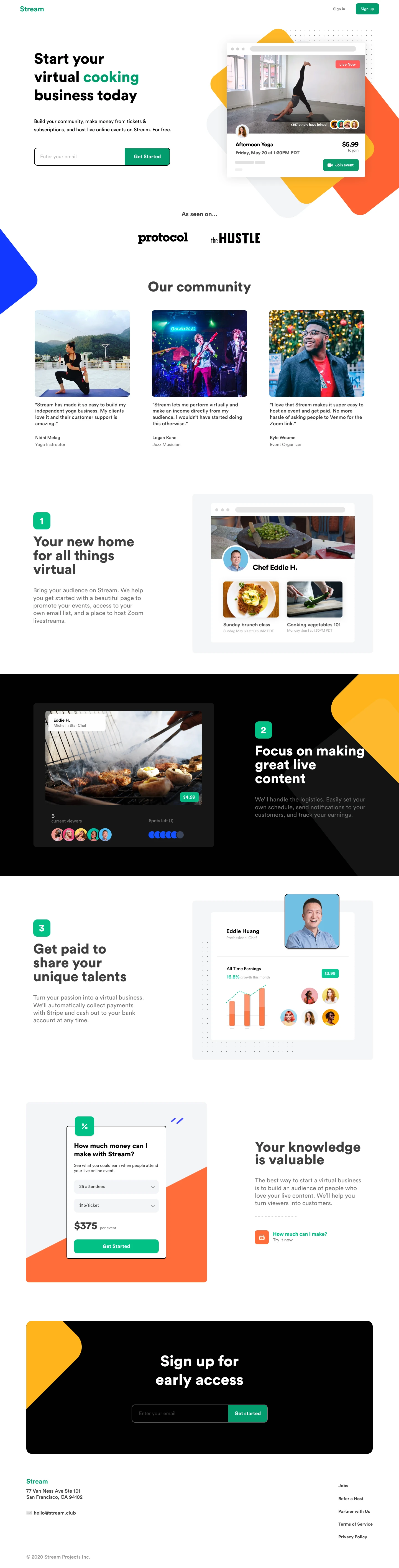Stream Landing Page Example: Build your community, make money from tickets & subscriptions, and host live online events on Stream.