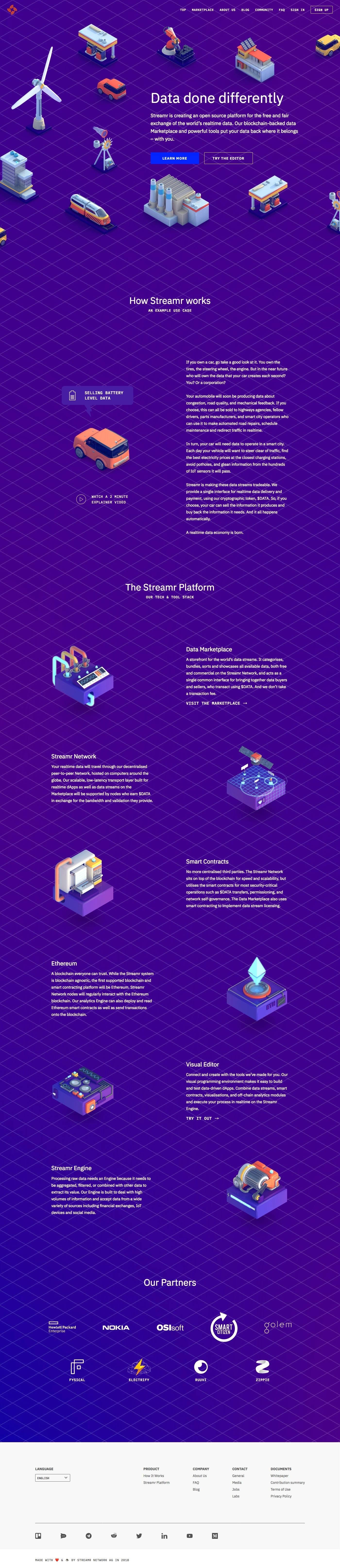 Streamr Landing Page Example: Streamr is creating an open source platform for the free and fair exchange of the world’s realtime data. Our blockchain-backed data Marketplace and powerful tools put your data back where it belongs – with you.