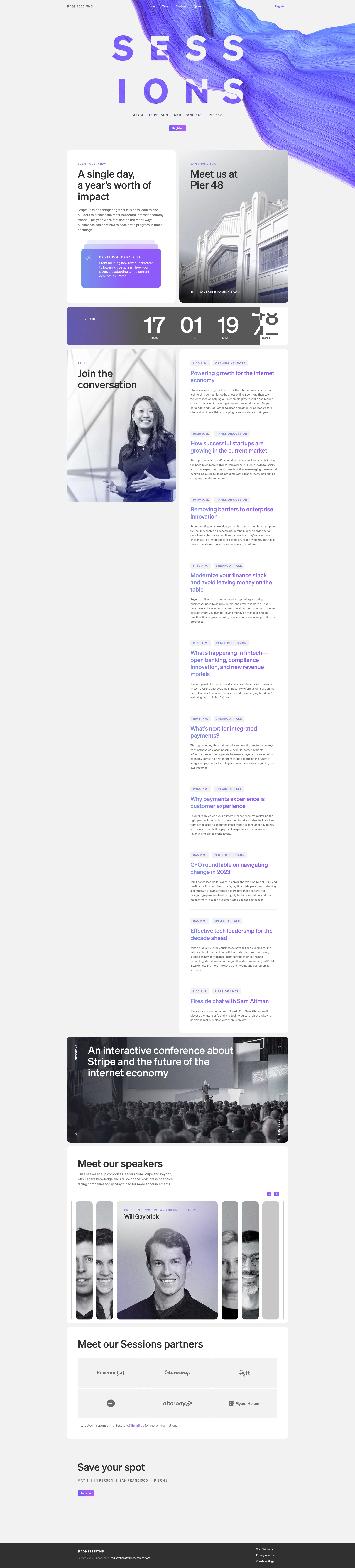 Stripe Sessions Landing Page Example: Stripe Sessions brings together business leaders and builders to discuss the most important internet economy trends. This year, we’re focused on the many ways businesses can continue to accelerate progress in times of change.