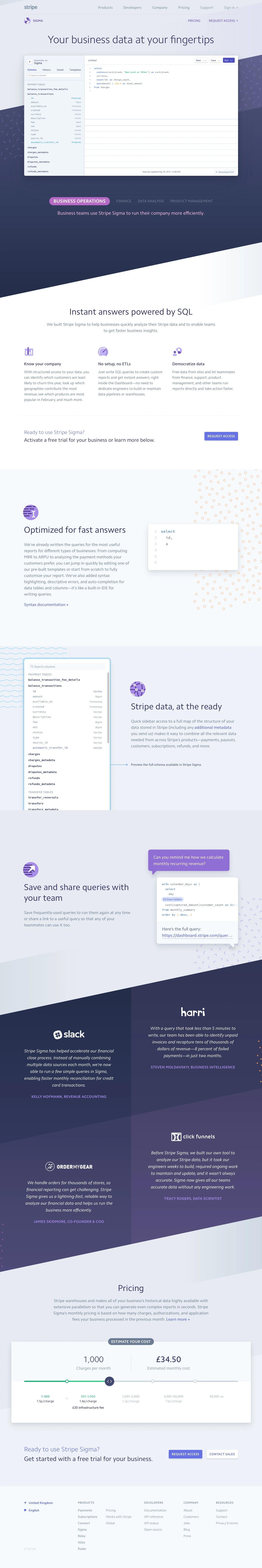 Stripe Sigma Landing Page Example: We built Stripe Sigma to help businesses quickly analyze their Stripe data and to enable teams to get faster business insights.