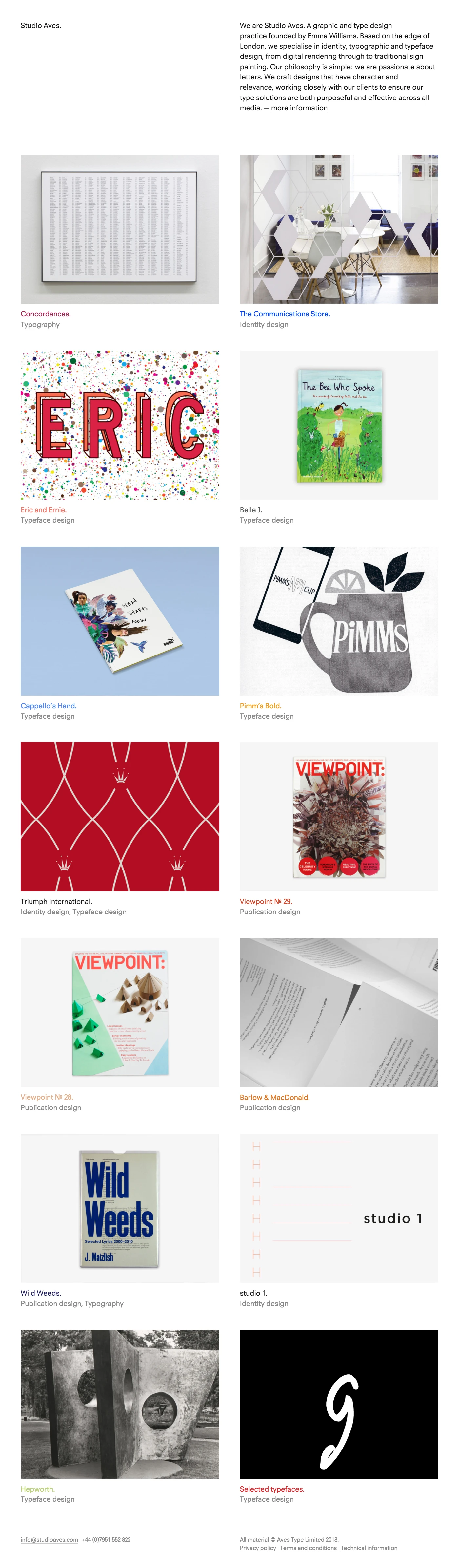 Studio Aves. Landing Page Example: A graphic and type design practice founded by Emma Williams. Based on the edge of London, we specialise in identity, typographic and typeface design, from digital rendering through to traditional sign painting.