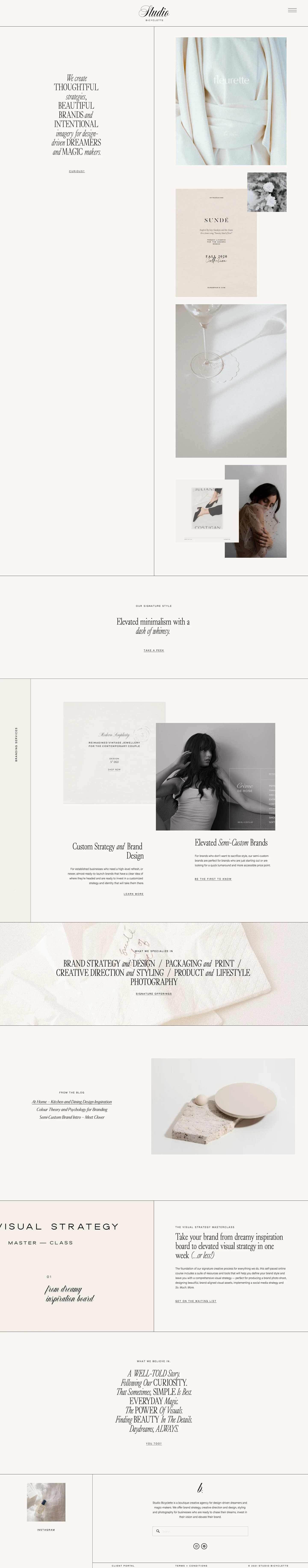 Studio Bicyclette Landing Page Example: We create THOUGHTFUL strategies, BEAUTIFUL BRANDS and  INTENTIONAL imagery for design-driven DREAMERS and MAGIC makers.