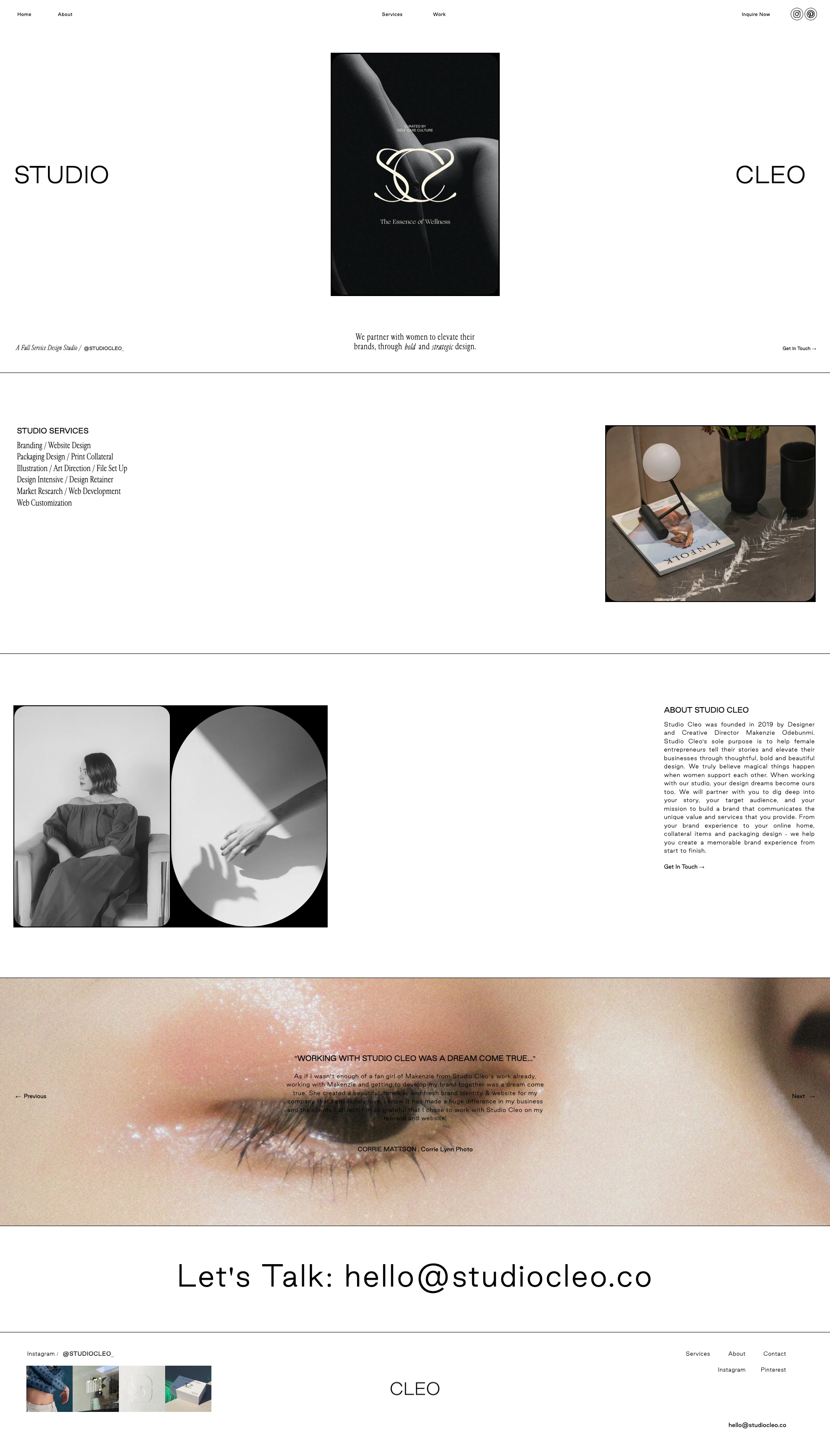 CLEO Landing Page Example: We partner with women to elevate their brands, through bold and strategic design.