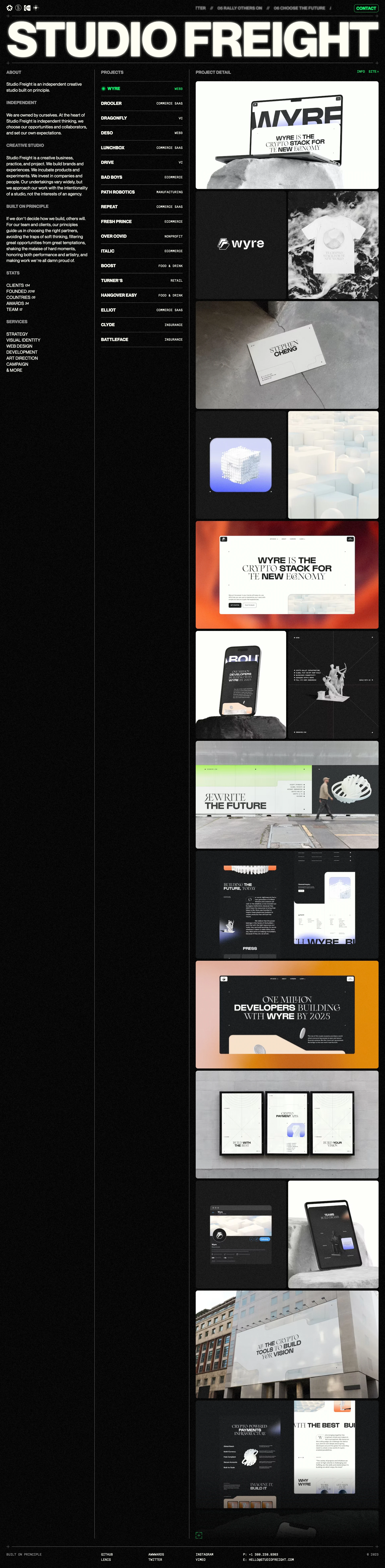 Studio Freight Landing Page Example: Studio Freight is an independent creative studio built on principle. We are owned by ourselves. At the heart of Studio Freight is independent thinking, we choose our opportunities and collaborators, and set our own expectations. Studio Freight is a creative business, practice, and project. We build brands and experiences. We incubate products and experiments. We invest in companies and people. Our undertakings vary widely, but we approach our work with the intentionality of a studio, not the interests of an agency.