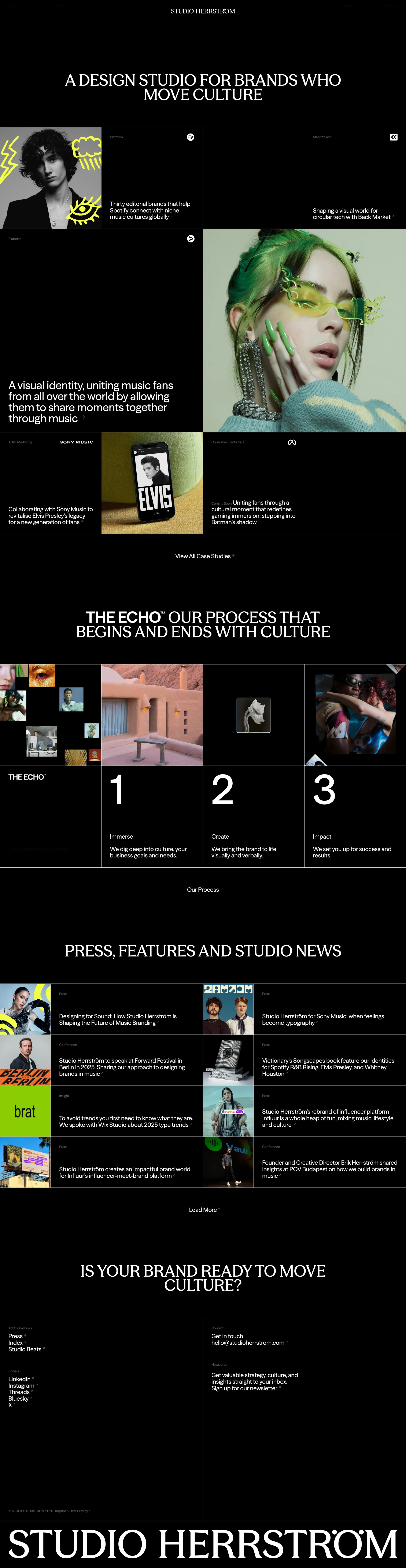 STUDIO HERRSTRÖM Landing Page Example: STUDIO HERRSTRÖM is a global design studio shaping brands in music, tech, and culture.