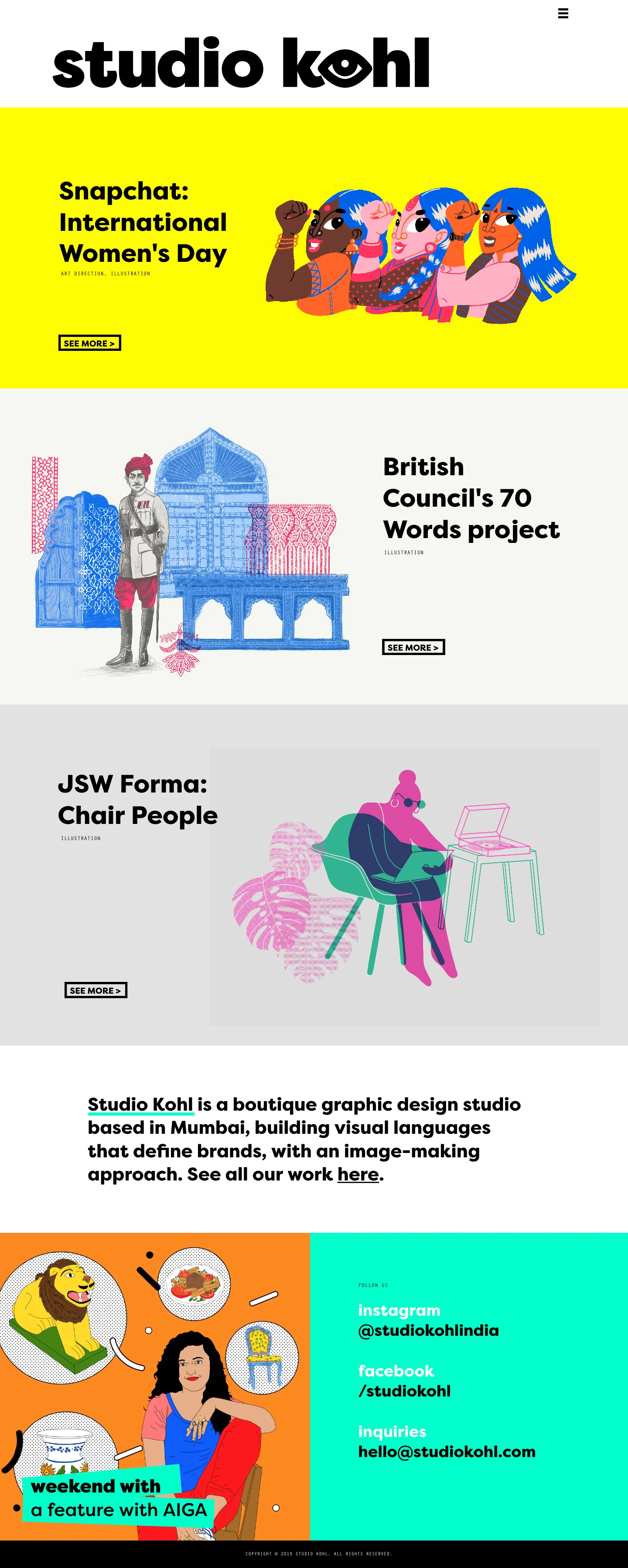 Studio Kohl Landing Page Example: Studio Kohl is a boutique graphic design studio based in Mumbai, building visual languages that define brands, with an image-making approach.