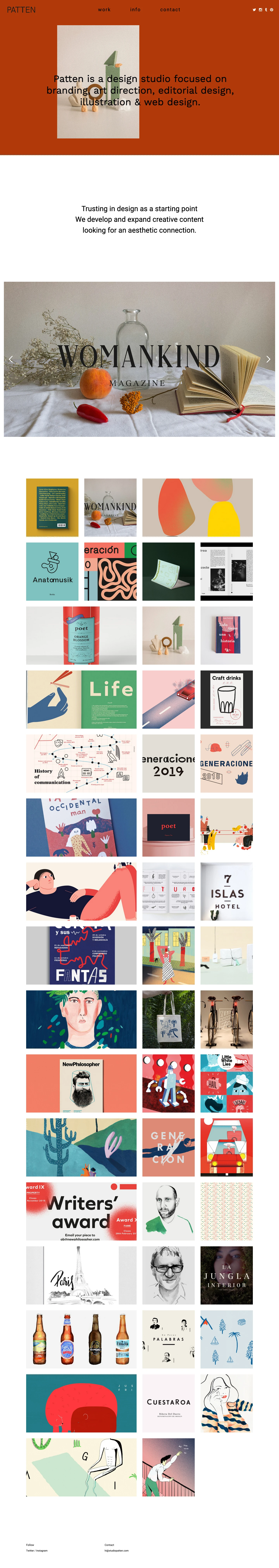 Studio Patten Landing Page Example: Patten is a design studio focused on branding, art direction, editorial design, illustration & web design.