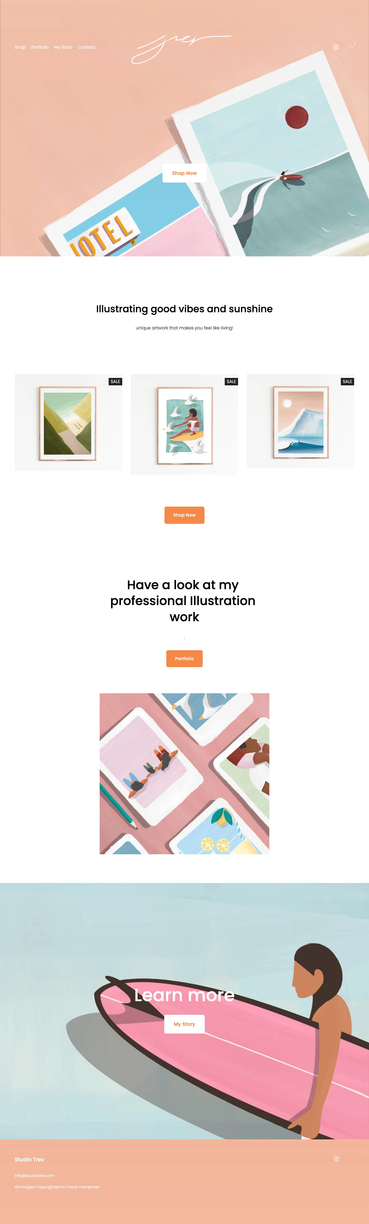 Studio Trev Landing Page Example: Illustrating good vibes and sunshine. Unique artwork that makes you feel like living!
