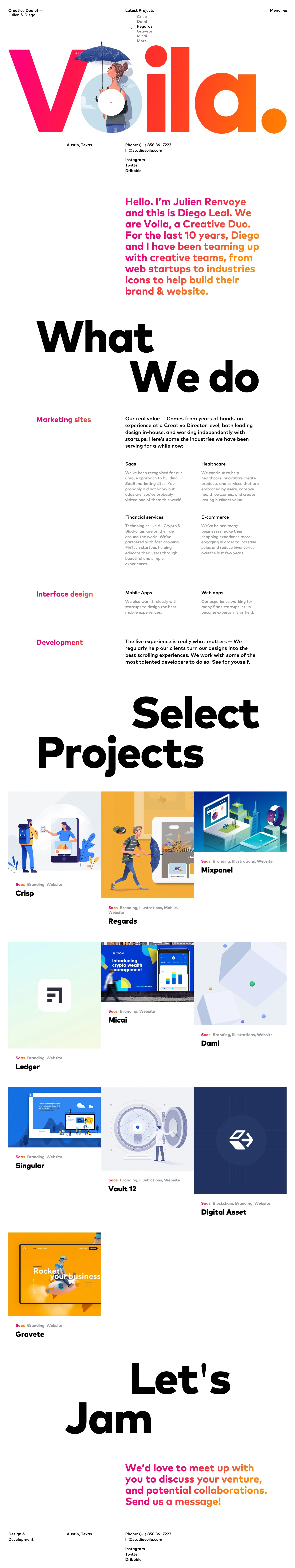 Voila Landing Page Example: Hello. I’m Julien Renvoyeand this is Diego Leal. We are Voila, a Creative Duo. For the last 10 years, Diego and I have been teaming up with creative teams, from web startups to industries icons to help build their brand & website.