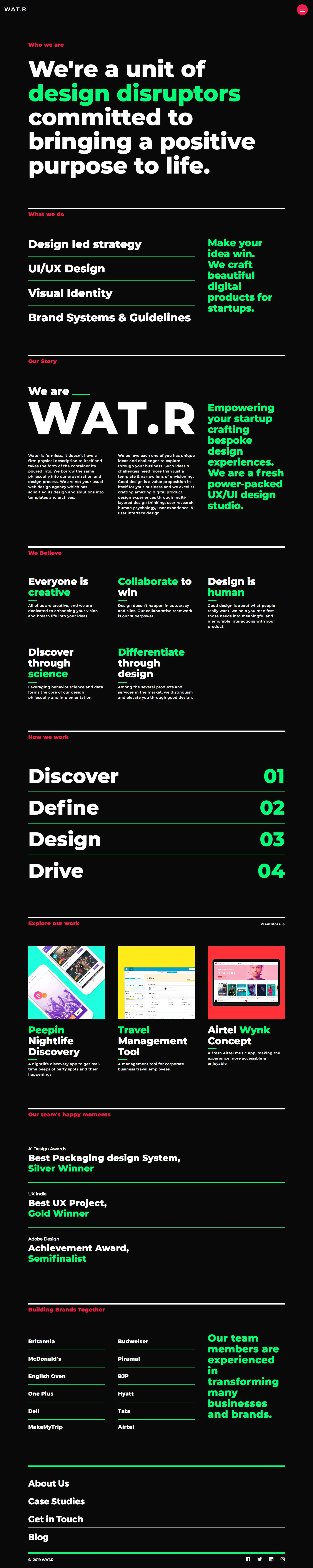 WATR Landing Page Example: Helping startups build exceptional brand value and memorable product experiences through design.