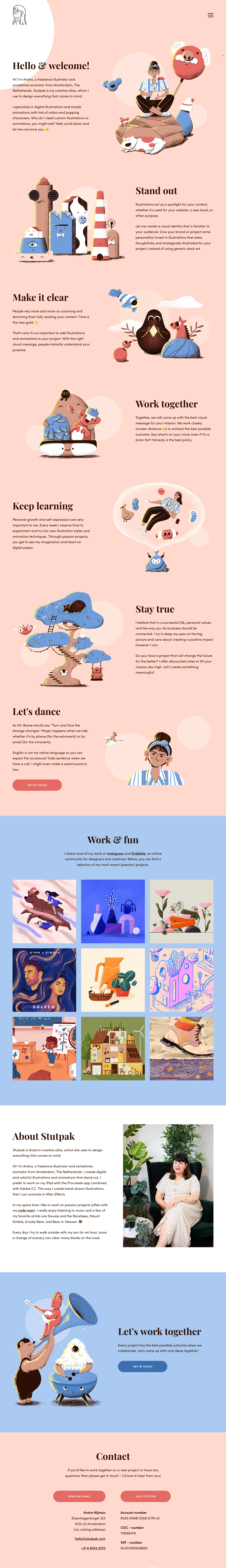 Stutpak Landing Page Example: Andra Nijman is a freelance illustrator from the Netherlands and works under the alias Stutpak. I specialize in digital illustrations and simple animations with lots of colors and popping characters. Why do I need custom illustrations or animations, you might ask? Well, scroll down and let me convince you.