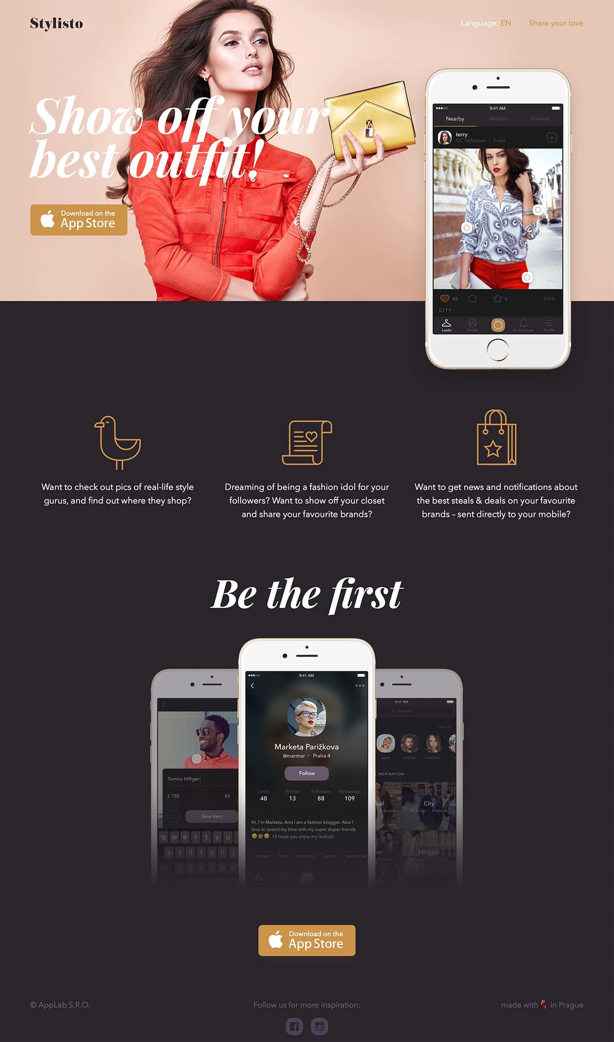 Stylisto Landing Page Example: Stylisto is the community for all fashion fans. Show off your best outfit, share brand, price, store location and let others follow your style.