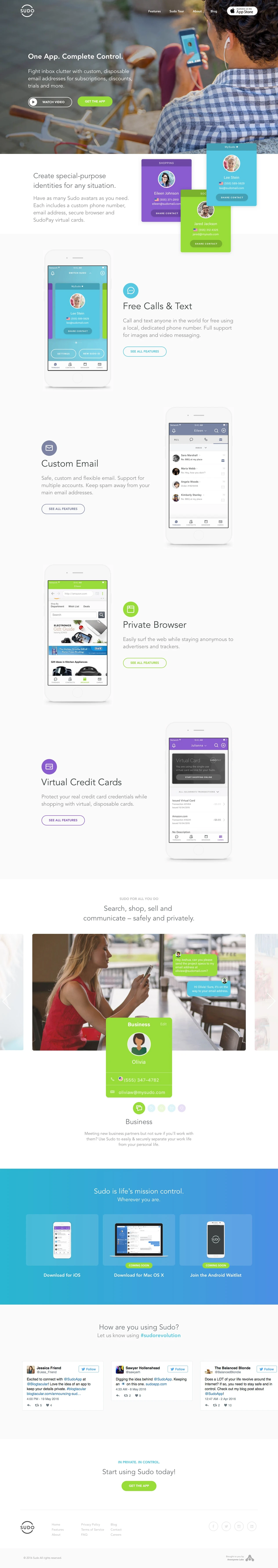 Sudo Landing Page Example: Call anyone, anywhere, for free, with unlimited local and global phone numbers.