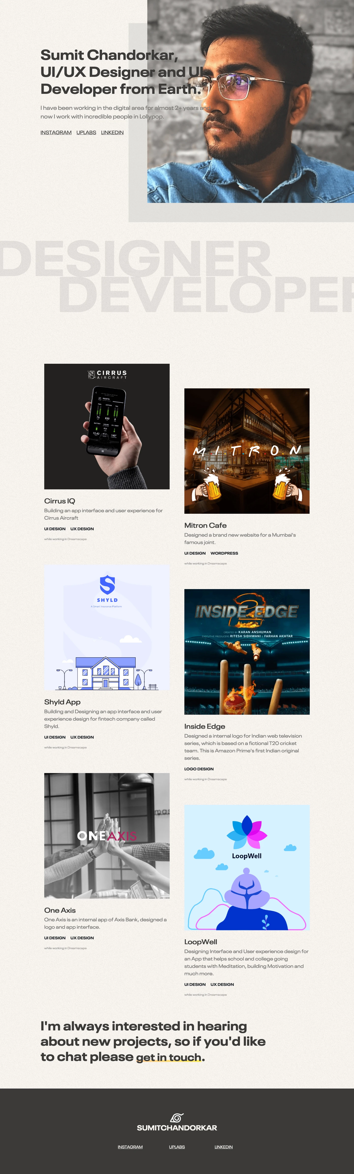 Sumit Chandorkar Landing Page Example: UI/UX Designer. I'm always interested in hearing about new projects.
