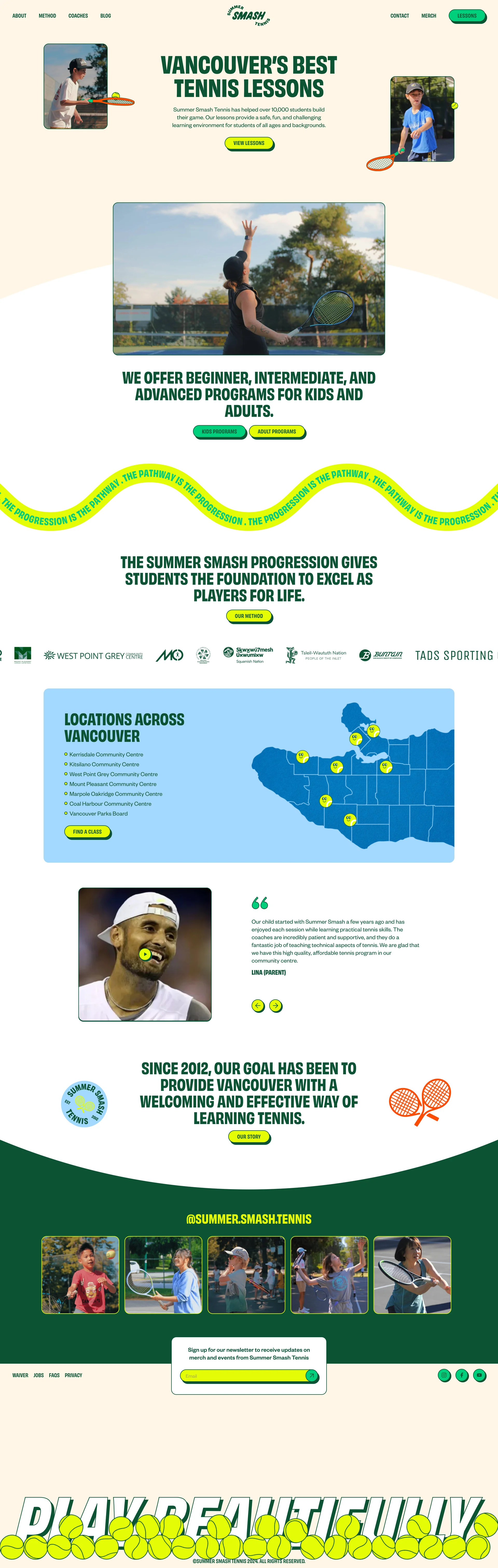 Summer Smash Tennis Landing Page Example: Summer Smash Tennis is the premier provider of public tennis lessons in Vancouver. We offer tennis classes and camps for all ages and levels.